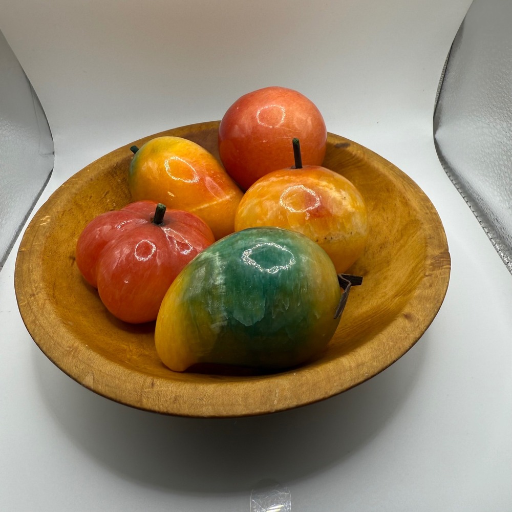 Wooden Dough Bowl with Alabaster Stone Fruit Still Life Farmhouse Decor
